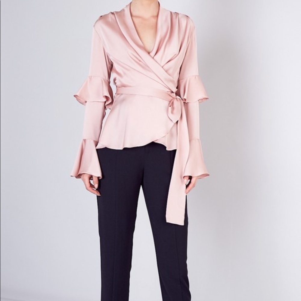 Last 1✨Lyssa Blush Pink Satin Bell Sleeve Wrap Top - Picture 8 of 8